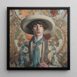 Theodore - Handsome Gay Cowboy Framed Canvas, 12x12’’ / 31x31cm / Black Floating Frame, Portrait Young Person Wide-brimmed Hat Floral