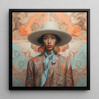 Iyaan - Gay Malay Cowboy Dandy Framed Canvas, 12x12’’ / 31x31cm / Black Floating Frame, Portrait Person Wide-brimmed White Hat Floral