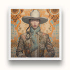 Baihu - Gay Chinese Cowboy Art Print, Portrait Person Wide-brimmed Hat Floral Jacket Blue Scarf