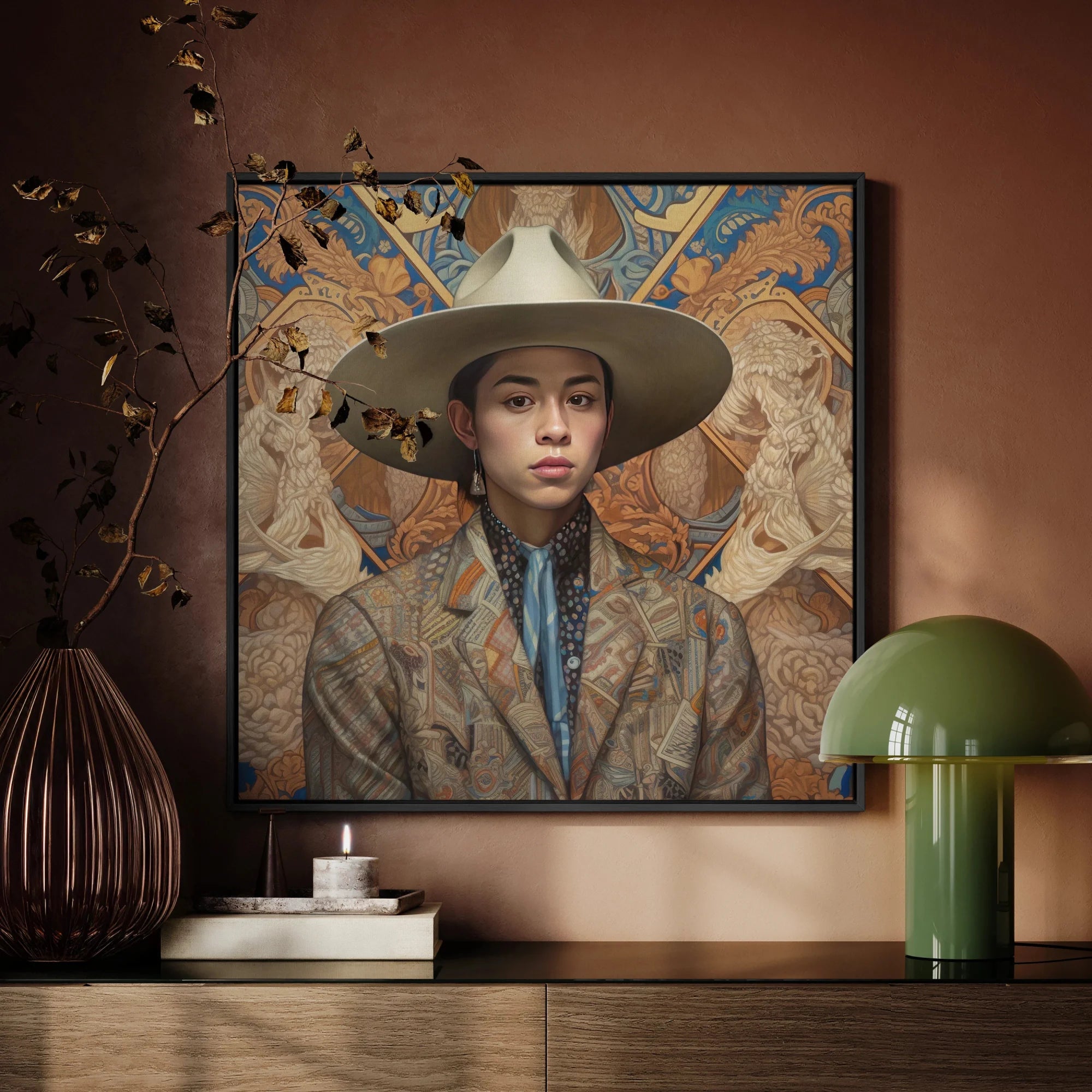 Angel - Latinx Transgender Cowboy Framed Canvas, Framed Portrait Person Wide-brimmed Hat Plaid Jacket Ornate