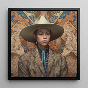 Angel - Latinx Transgender Cowboy Framed Canvas, 12x12’’ / 31x31cm / Black Floating Frame, Portrait Young Person Wide-brimmed Hat Patterned
