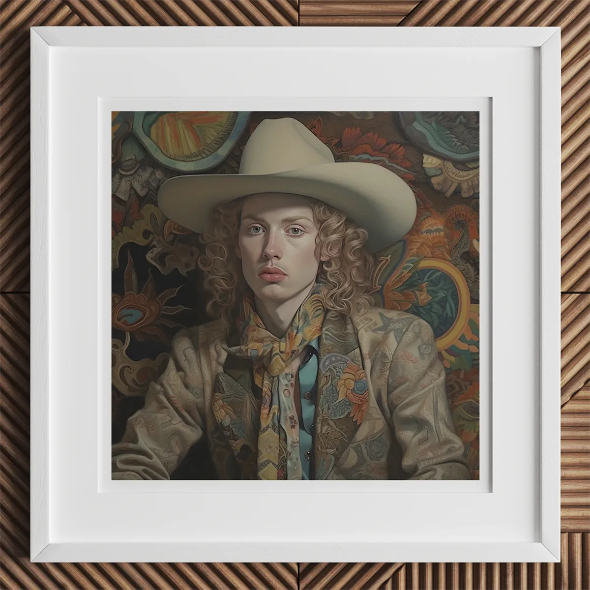 Framed portrait of Harry Allen, a gay cowboy representing queer folks in the Wild West.