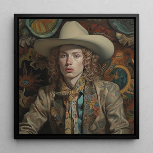 Ollie - Transgender Cowboy Dandy Art Framed Canvas, 12x12’’ / 31x31cm / Black Floating Frame, Portrait Person White Cowboy Hat Colorful