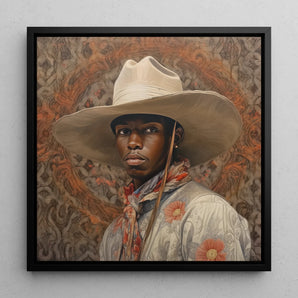 Titus - Dandy Gay Black Cowboy Framed Canvas, 12x12’’ / 31x31cm / Floating Frame, Portrait Young Black Man Wide-brimmed Cowboy Hat