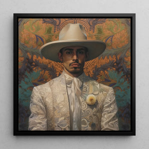 Estephan - Queer Latino Vaquero Framed Canvas, 12x12’’ / 31x31cm / Black Floating Frame, Portrait Man Ornate White Suit Wide-brimmed Hat