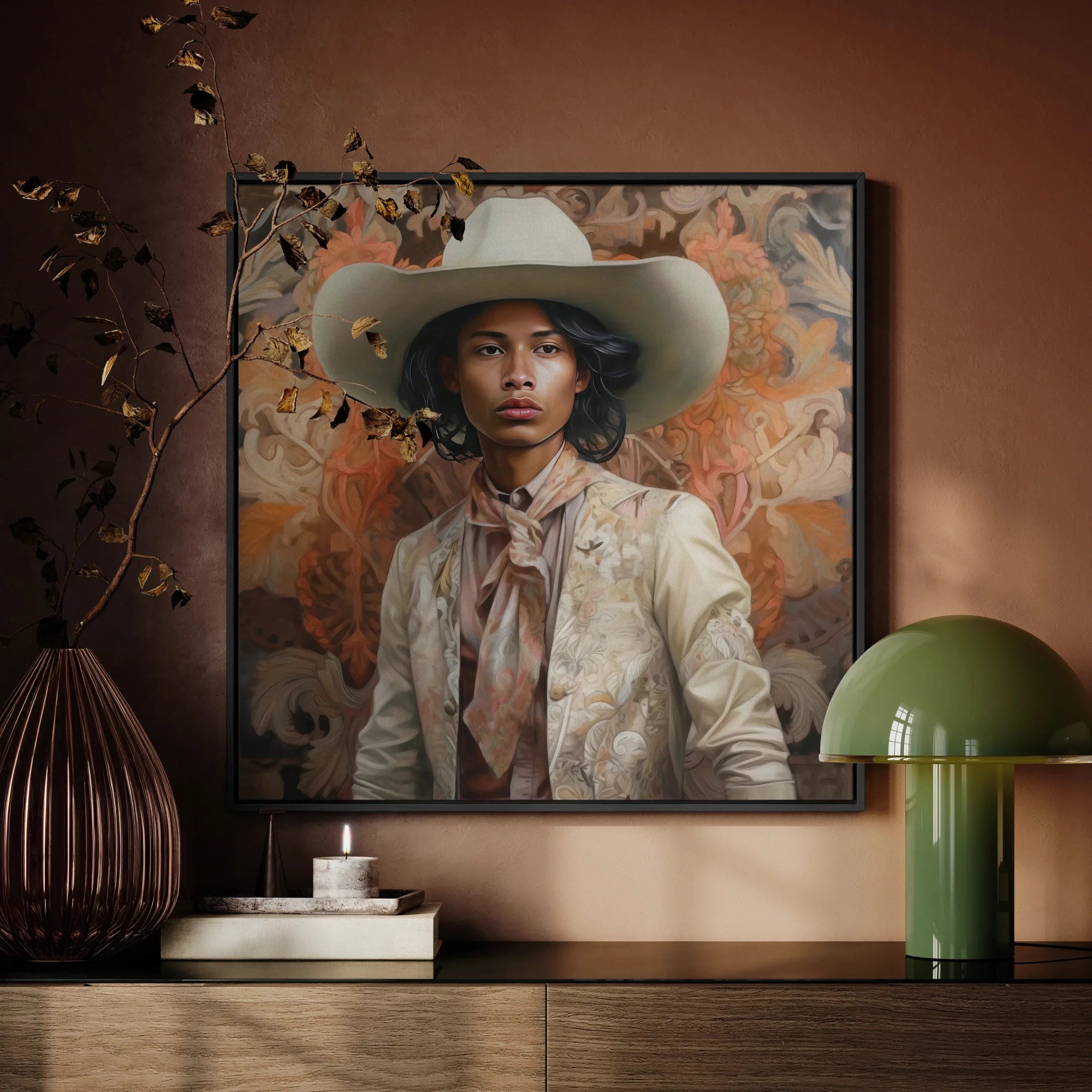 Arjuna - Gay Tamil Cowboy Framed Canvas, Framed Portrait Person White Cowboy Hat Light-colored Jacket