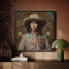 Dorjee - Gay Tibetan Cowboy Framed Canvas, Portrait Person Wide-brimmed Hat Floral Patterned Jacket Pink