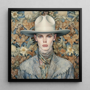 Jasper - Twink Cowboy Dandy Framed Canvas, 12x12’’ / 31x31cm / Black Floating Frame, Portrait Person Wide-brimmed White Hat Floral