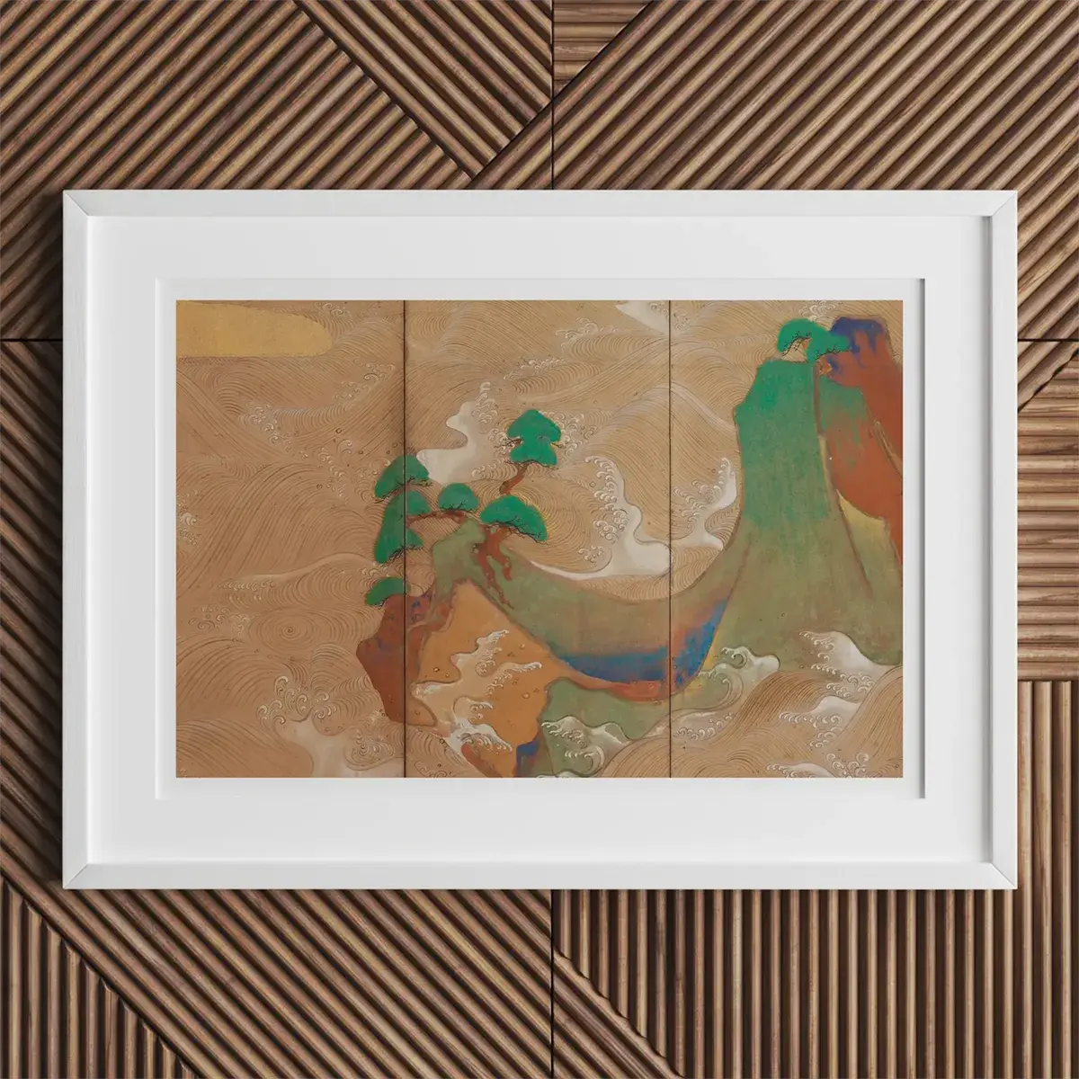 Framed triptych landscape painting in rinpa school style by Kamisaka Sekka or Tawaraya Sōtatsu