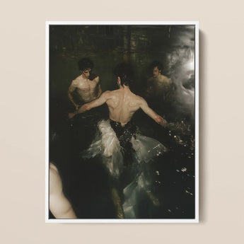 Dipping - Gay Ballet Punk Baroque Framed Canvas, 12x16’’ / 31x41cm / White Floating Frame, Framed Piece Art Men Water Ballet Pose