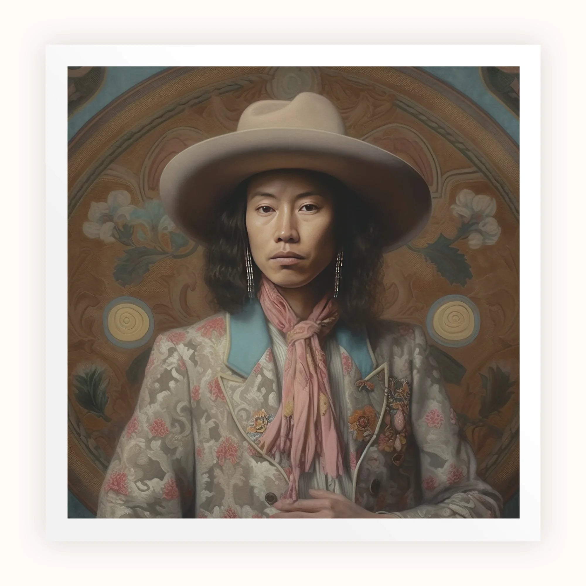 Dorjee - Tibetan Cowboy Dandy Art Print, Portrait Wide-brimmed Hat Floral Jacket Pink Scarf
