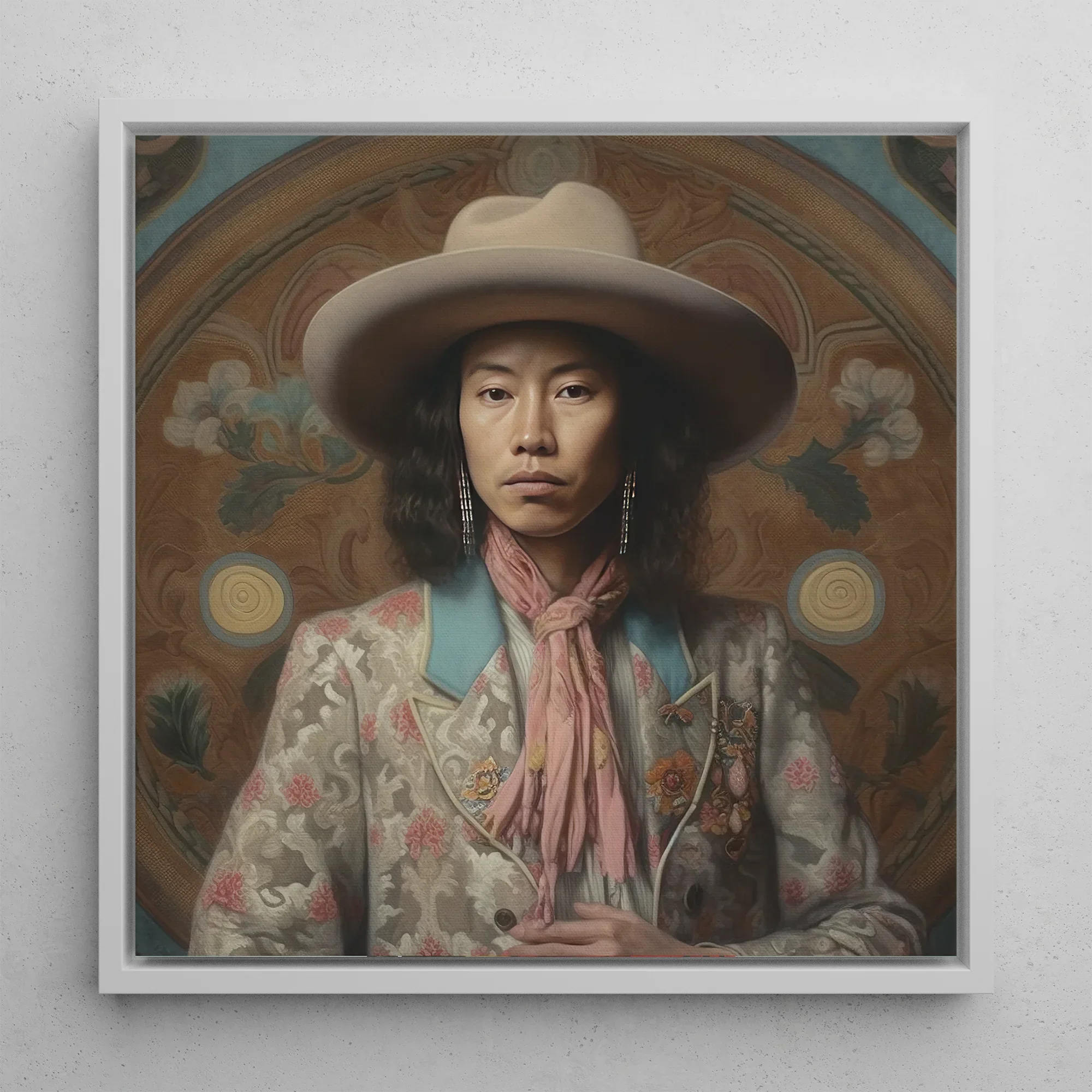 Dorjee - Gay Tibetan Cowboy Framed Canvas, 12x12’’ / 31x31cm / White Floating Frame, Framed Portrait Woman Cowboy Hat
