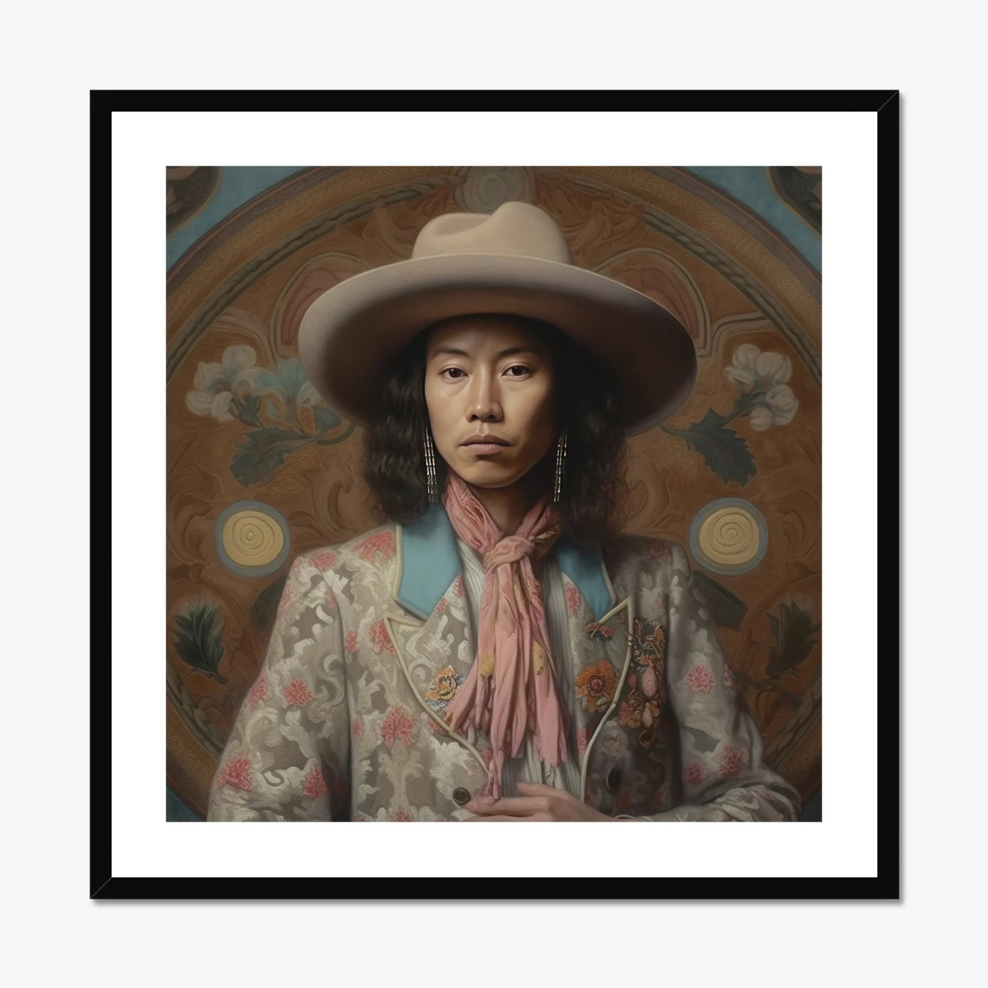 Dorjee - Tibetan Cowboy Dandy Art Print, Framed Portrait Person Hat Patterned Jacket