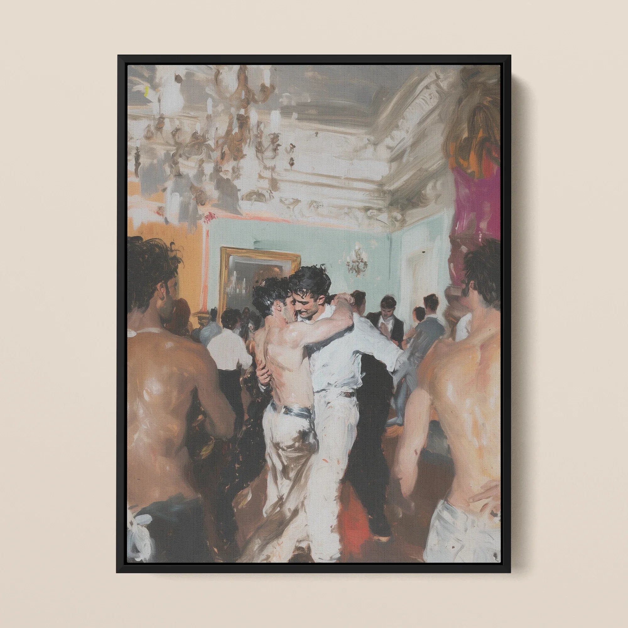 Double Trouble - Trashy Old Money Gays Framed Canvas, 12x16’’ / 31x41cm / Black Floating Frame, Impressionistic Painting Crowded Ballroom