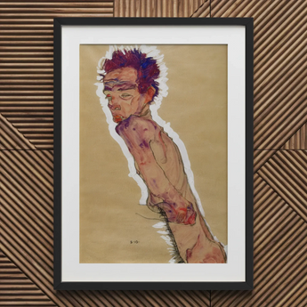 Egon Schiele - Self Portrait Nude Art Print, 20x30’’ / 51x76cm / Black Frame / 2’’ Matboard, Framed Artwork Figure Tan Background