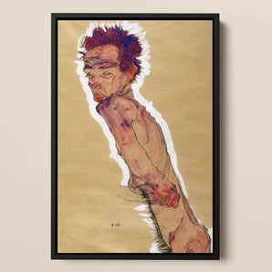 Egon Schiele - Self Portrait Nude Framed Canvas, 12x18’’ / 31x46cm / Black Floating Frame, Framed Portrait Man Red Blue Spiky Hair