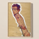 Egon Schiele - Self Portrait Nude Framed Canvas, 12x18’’ / 31x46cm / Natural Floating Frame, Framed Expressionist Male Figure