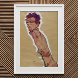 Egon Schiele - Self Portrait Nude Art Print, 20x30’’ / 51x76cm / White Frame / 2’’ Matboard, Framed Artwork Gaunt Shirtless Figure Messy