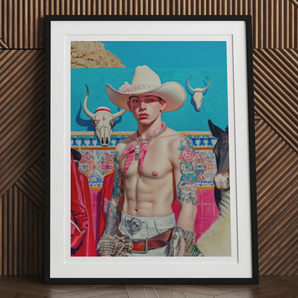 Emilio - Lowbrow Cowboy Pop Art Print, Framed Portrait Shirtless Cowboy White Hat Vibrant Blue