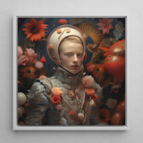 Enfant Terrible - Surreal Camp Fantasy Framed Canvas, 12x12’’ / 31x31cm / White Floating Frame, Floral-adorned Space Knight