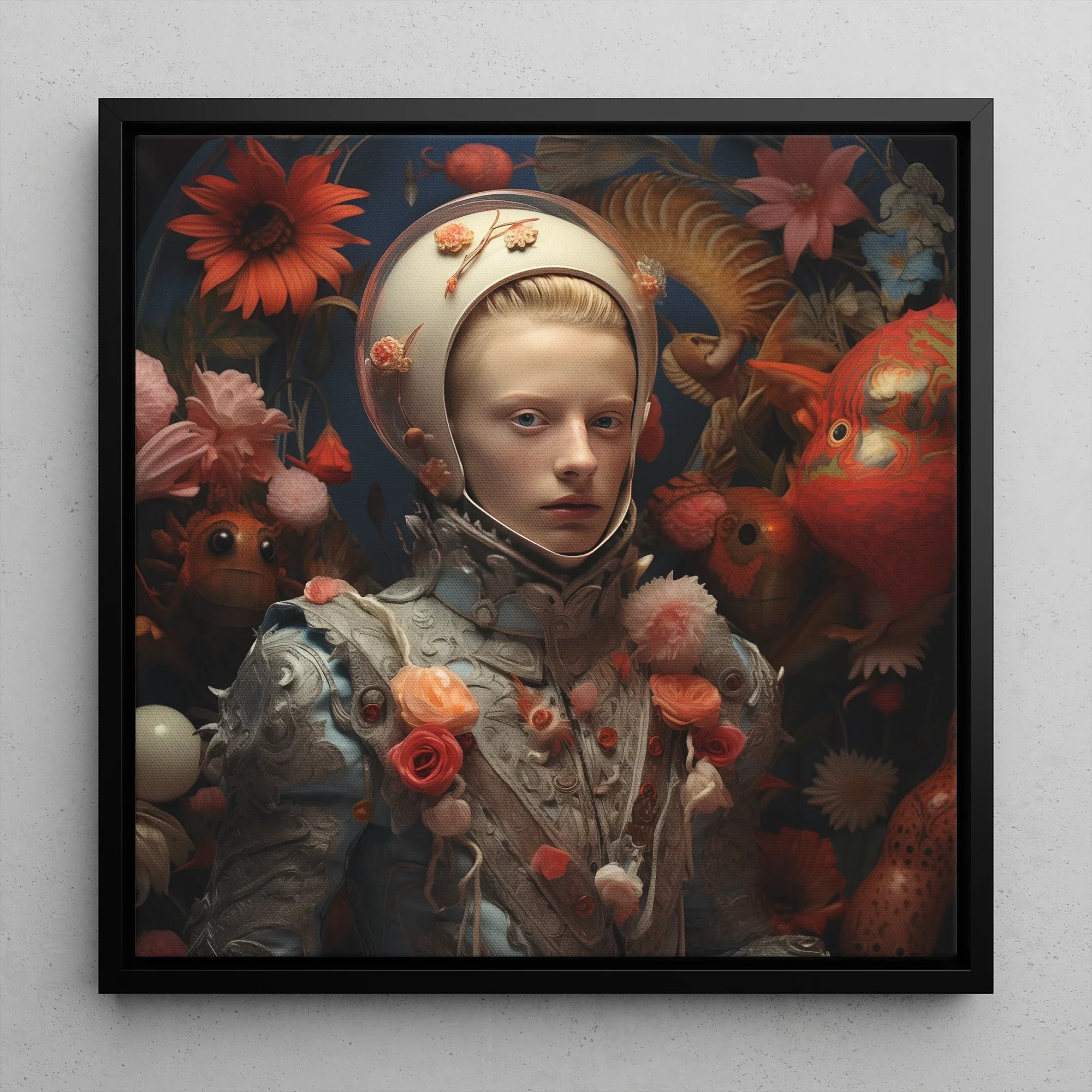 Enfant Terrible - Surreal Camp Fantasy Framed Canvas, 12x12’’ / 31x31cm / Black Floating Frame, Framed Portrait Person Floral-adorned Armor