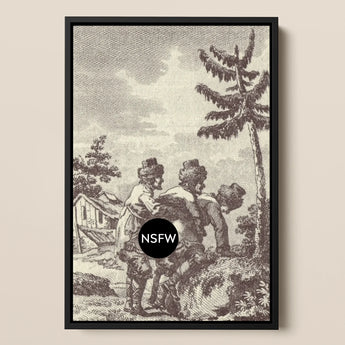 Engraving from the New Justine - Marquis De Sade Framed Canvas, Framed Antique-style Print Rural Scene Figures Cabin Trees