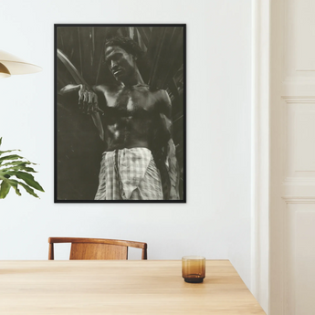 Ennui - Lionel Wendt Framed Canvas, Framed Black White Photograph Shirtless Man Checkered Sarong