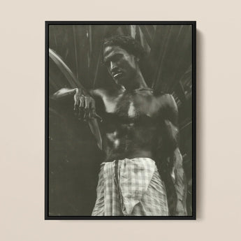 Ennui - Lionel Wendt Framed Canvas, Framed Black White Photograph Shirtless Man Checked Sarong