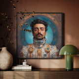 Eskandar - Arabic Gay Astronaut Framed Canvas, Portrait Painting Man Mustache Ornate White Outfit Metallic