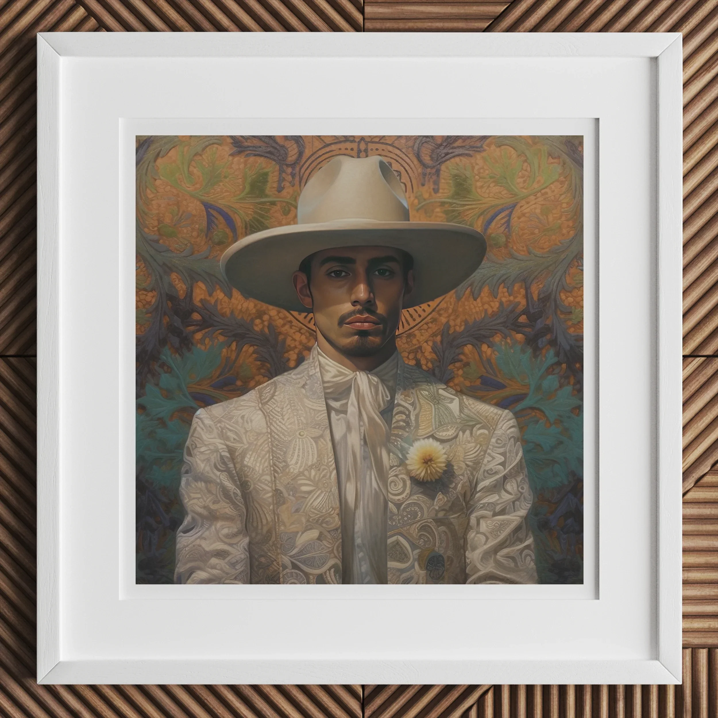 Estephan - Gay Latino Vaquero Art Print, 12x12’’ / 31x31cm / White Frame / 2’’ Matboard, Portrait Painting White Embroidered Suit