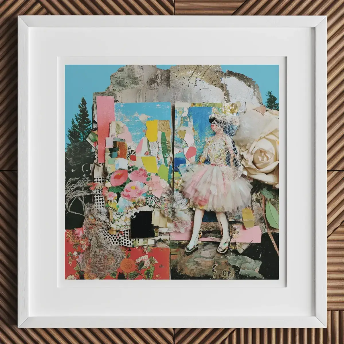 Framed mixed media collage artwork showcasing fabric and assemblage art techniques