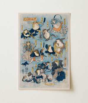 Héroes famosos del escenario kabuki interpretados por ranas - Impresión artística de Utagawa Kuniyoshi 