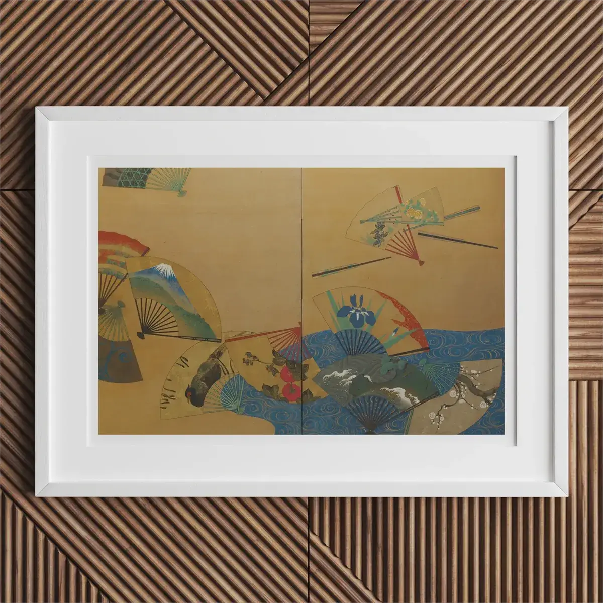 Framed Japanese folding screen art with rinpa school motifs by Kamisaka Sekka and Tawaraya Sōtatsu