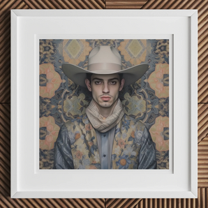 Farzad - Arabic Gay Cowboy Art Print, Framed Portrait Photograph Cowboy Hat Scarf Patterned Backdrop