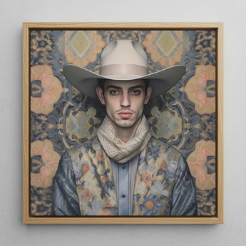 Farzad - Gay Arabic Cowboy Framed Canvas, 12x12’’ / 31x31cm / Natural Floating Frame, Framed Painting Man Cowboy Hat Floral Jacket