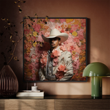 Fernando - Gay Mexican Vaquero Framed Canvas, Framed Floral Cowboy Portrait