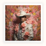 Fernando - Gay Mexican Vaquero Art Print, Person White Cowboy Hat Western-style Clothing Floral Backdrop