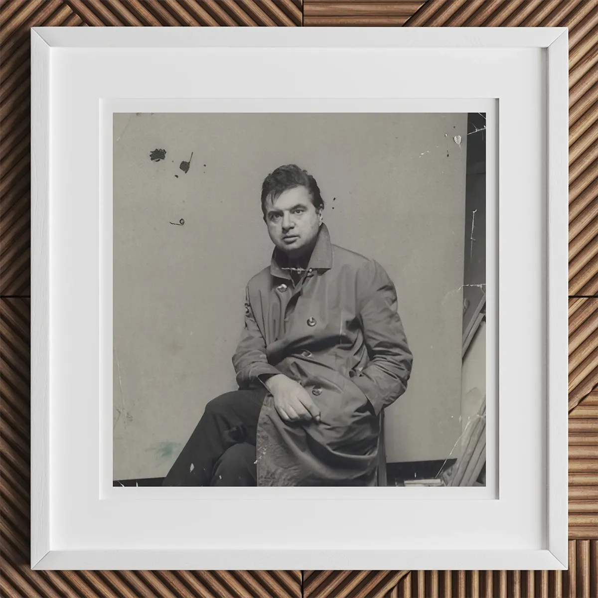 Framed black and white photo of a man in a trench coat, inspired by Andy Warhol or Chuck Close