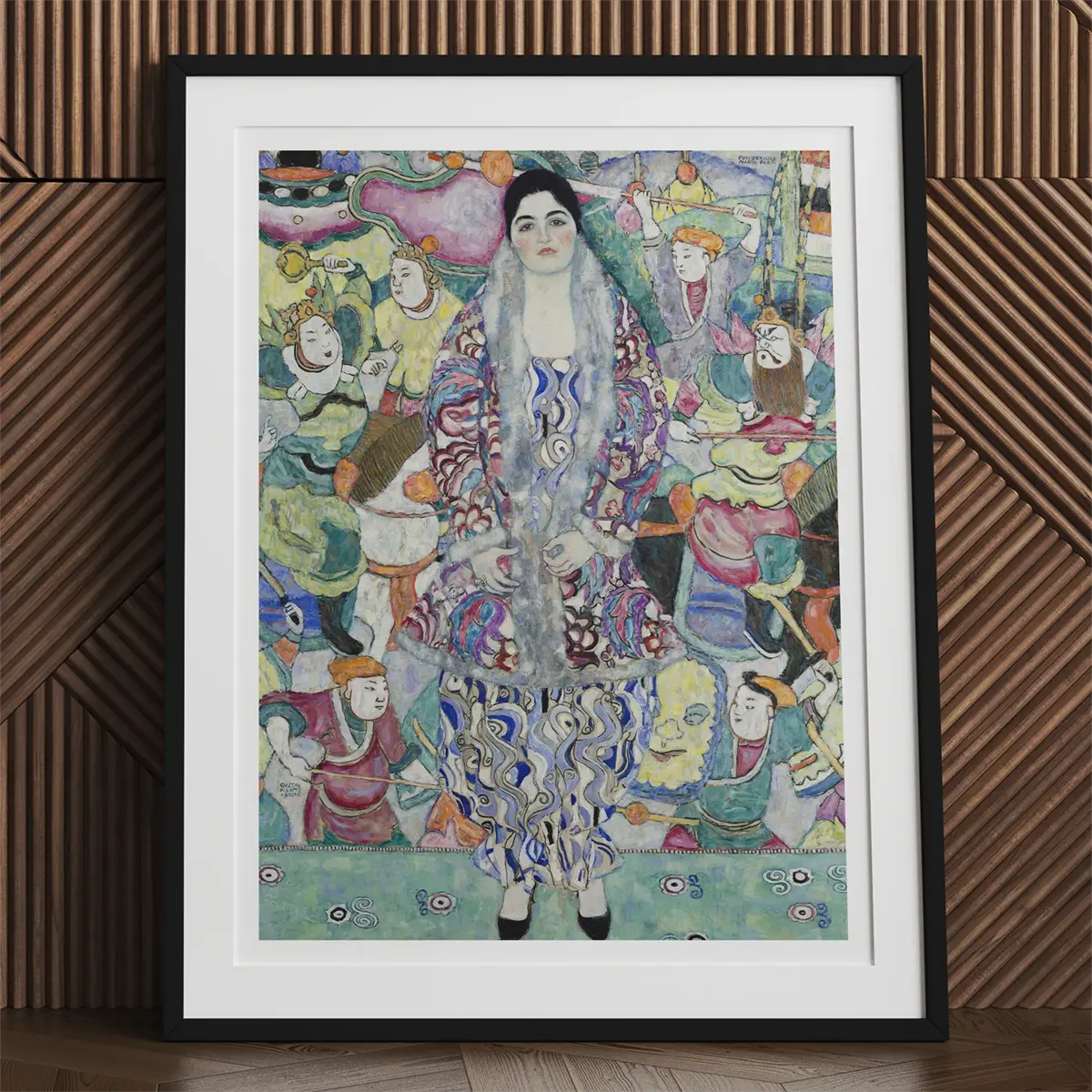 Framed portrait painting of Adele Bloch-Bauer by Gustav Klimt, a Vienna Secession masterpiece.
