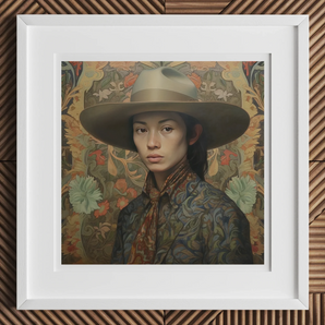 Fulin - Chinese Gay Cowboy Art Print, Framed Portrait Painting Figure Wide-brimmed Hat Ornate Brocade