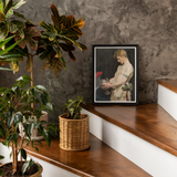 Germanic Warrior with Helmet - Osmar Schindler Art Print, Framed Vintage-style Portrait Photograph Wooden Stairs Alongside Potted