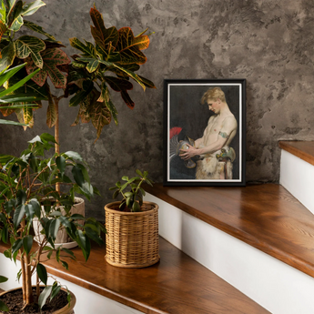 Germanic Warrior with Helmet - Osmar Schindler Art Print, Framed Vintage-style Portrait Photograph Wooden Stairs Alongside Potted