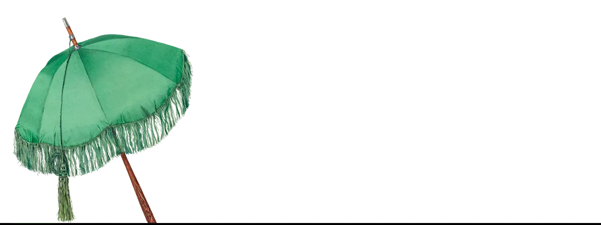 Green fringed umbrella fashion art print inspired by 1930s lace gloves and modern rococo era