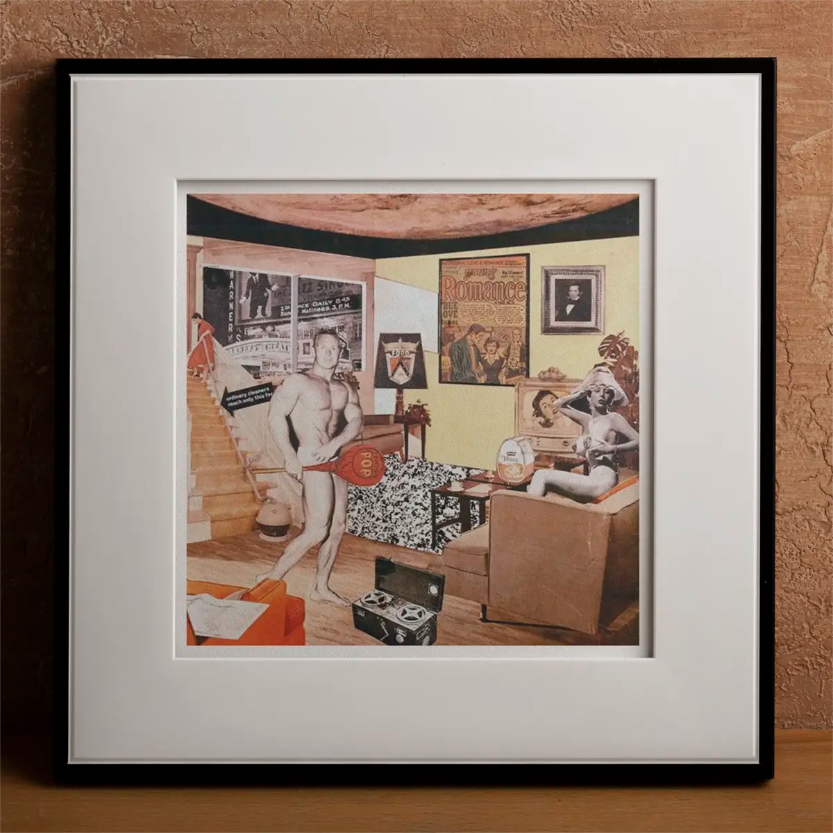 Framed collage artwork celebrating the Pop Art movement by David Hockney and Andy Warhol