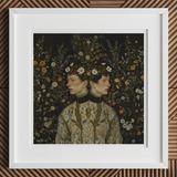 Harold & Claude - Netherlandish Gay Twins Art Print, Framed Artwork Two Figures Floral Headdresses Dark Background