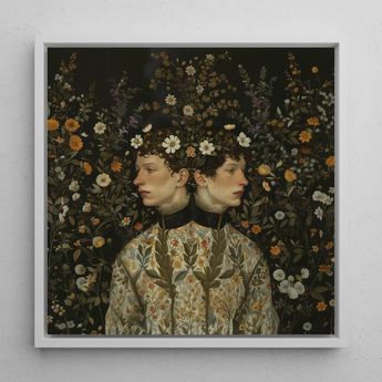 Harold & Claude - Netherlandish Gay Twins Framed Canvas, 12x12’’ / 31x31cm / White Floating Frame, Framed Floral Conjoined Twins Portrait