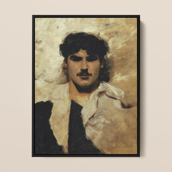 Head of a Male Model - John Singer Sargent Framed Canvas, Portrait Painting Young Man Dark Curly Hair Mustache