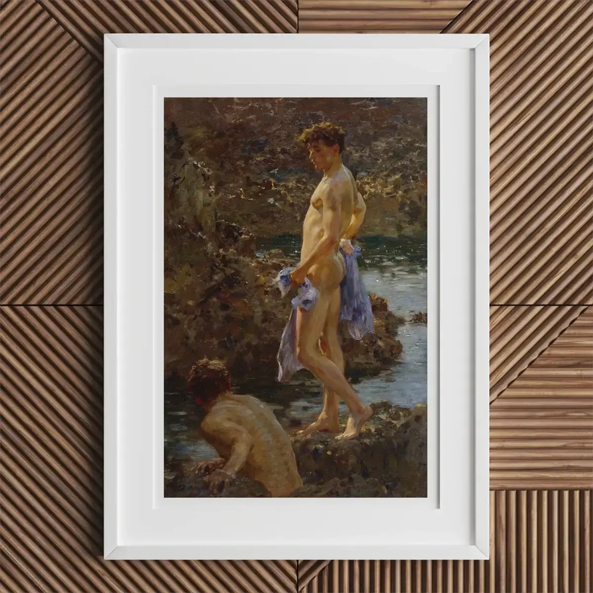 Framed painting of nude men by Henry Scott Tuke showcasing Edwardian queer erotics