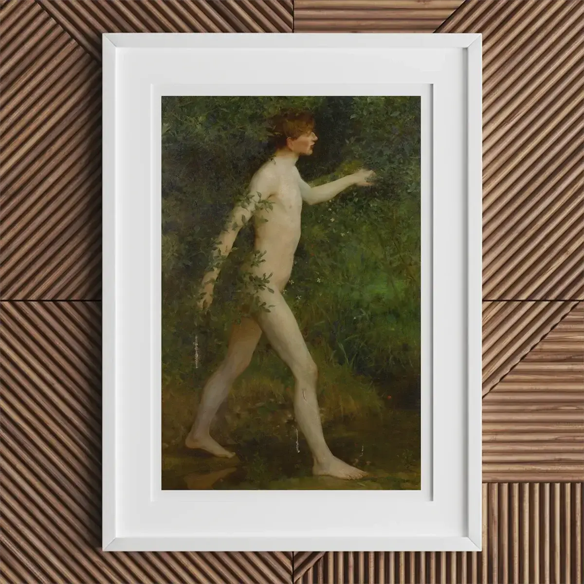 Framed painting of a nude man covered in leaves by Henry Scott Tuke in Edwardian sunlight