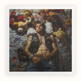 Sacked - Lowbrow Homoerotic Gay Biker Art Print, Shirtless Man Leather Vest Among Stuffed Animals Toys